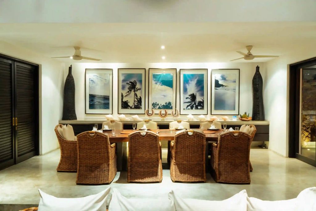 Dining room with rattan chairs in a Bali villa