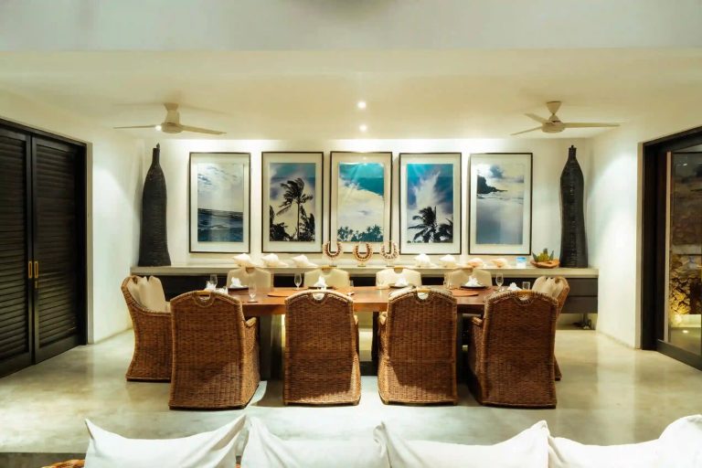 Dining room with rattan chairs in a Bali villa