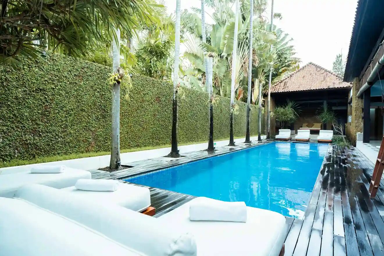 Private swimming pool lined with palm trees at a Canggu villa
