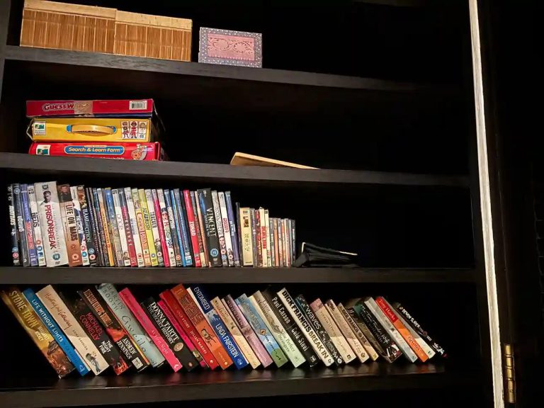 Shelves of books, films and board games for villa guests
